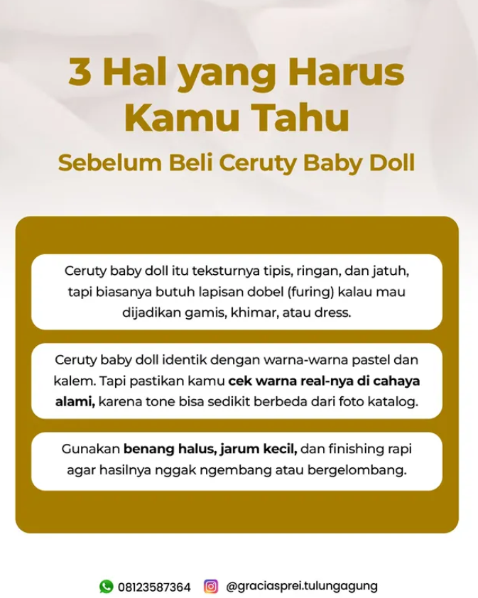 <p>Mau beli bahan Ceruty Baby Doll? Perhatikan hal